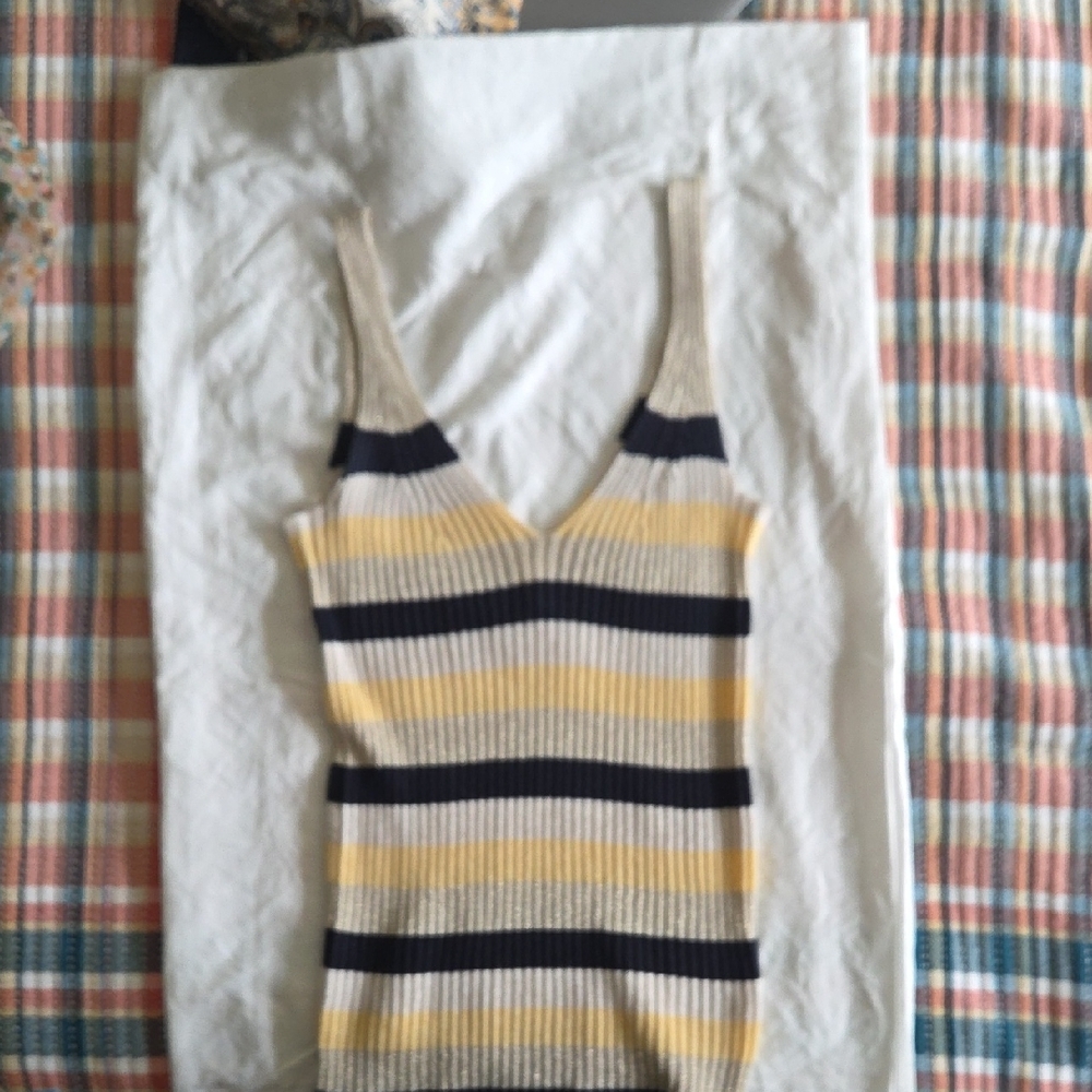 Rebecca Taylor Cream and Blue Ribbed Sleeveless Tank Top